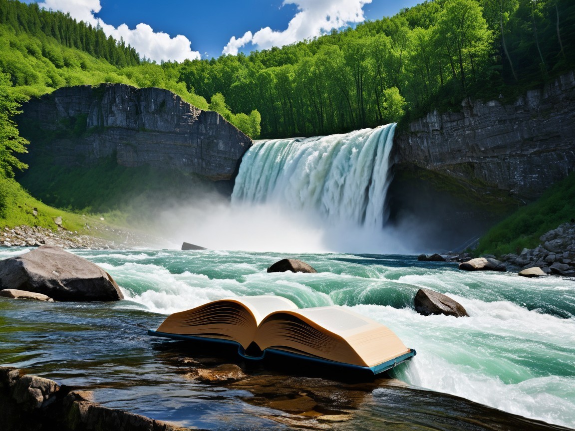 Waterfall and Open Book in Serene Natural Landscape