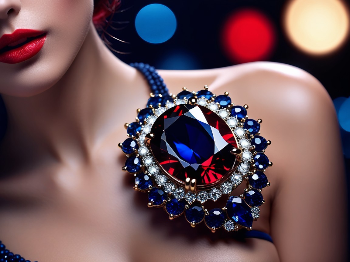 Close-up of a woman with sapphire brooch and red lipstick