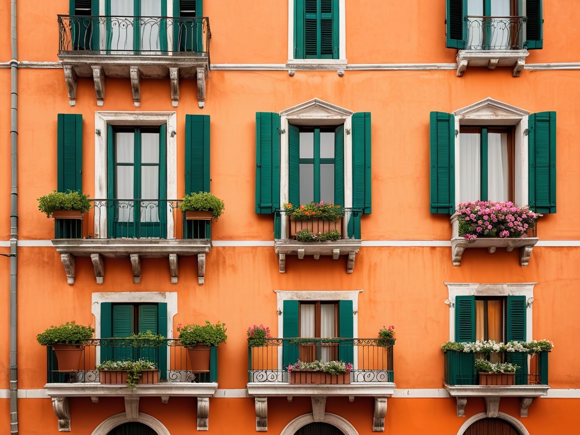 Vibrant Orange Façade with Symmetrical Windows and Blooms