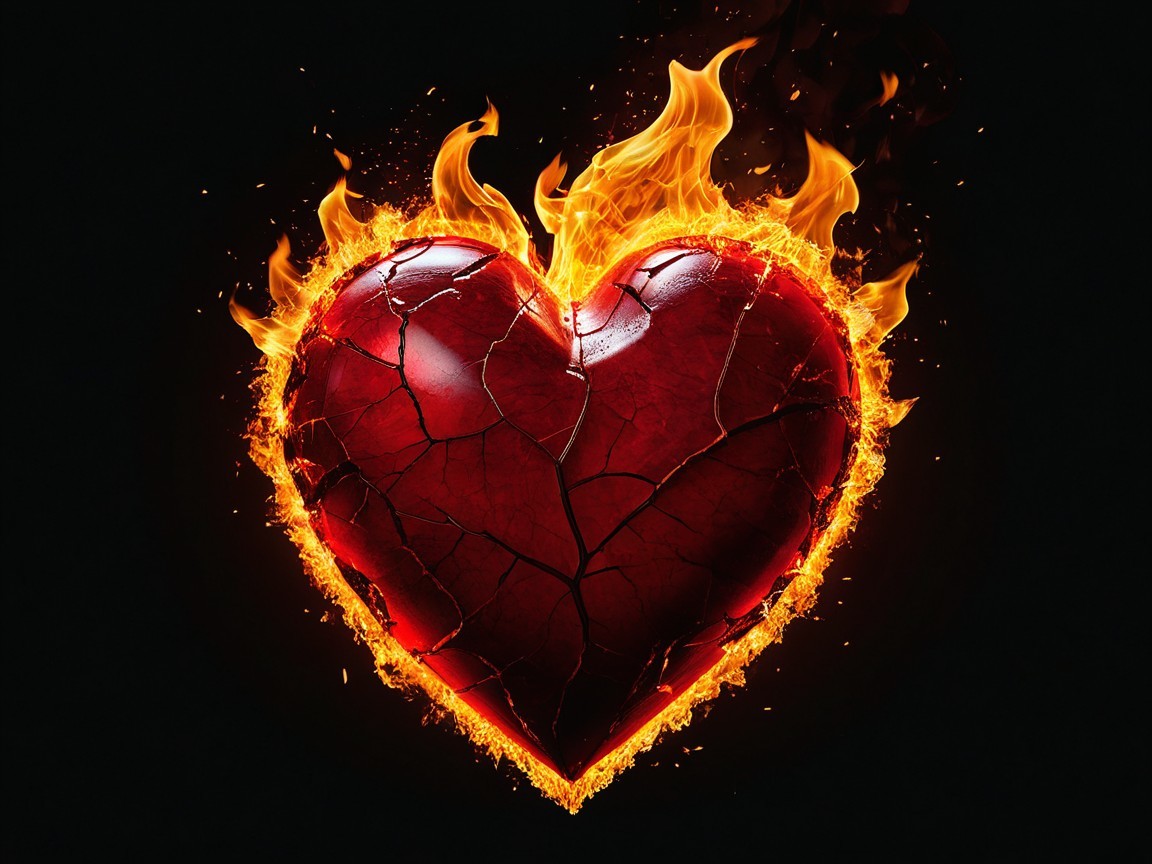 Fiery Heart Image with Dark Background and Flames