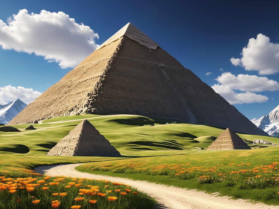 Great Pyramid of Giza Surrounded by Lush Landscape