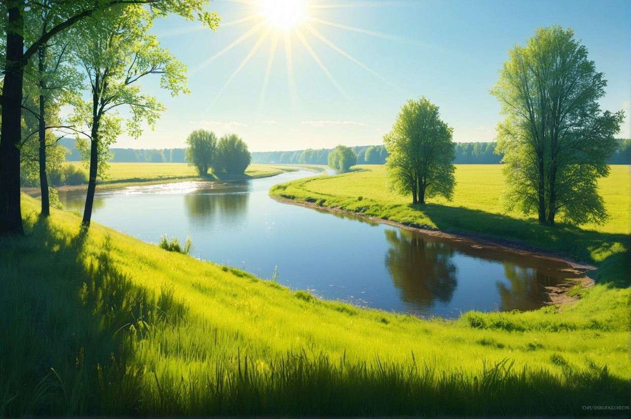 Tranquil Landscape with Winding River and Green Fields