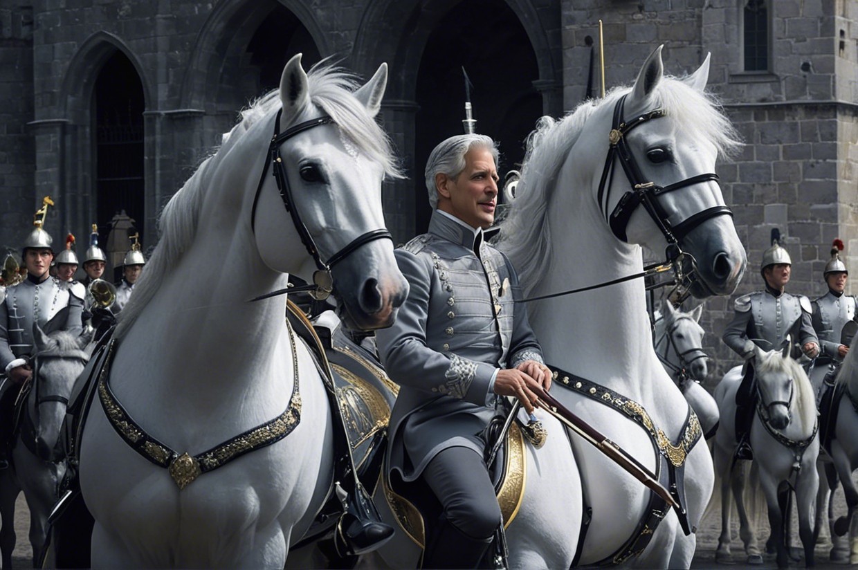 Regal Figure in Military Uniform with White Horses