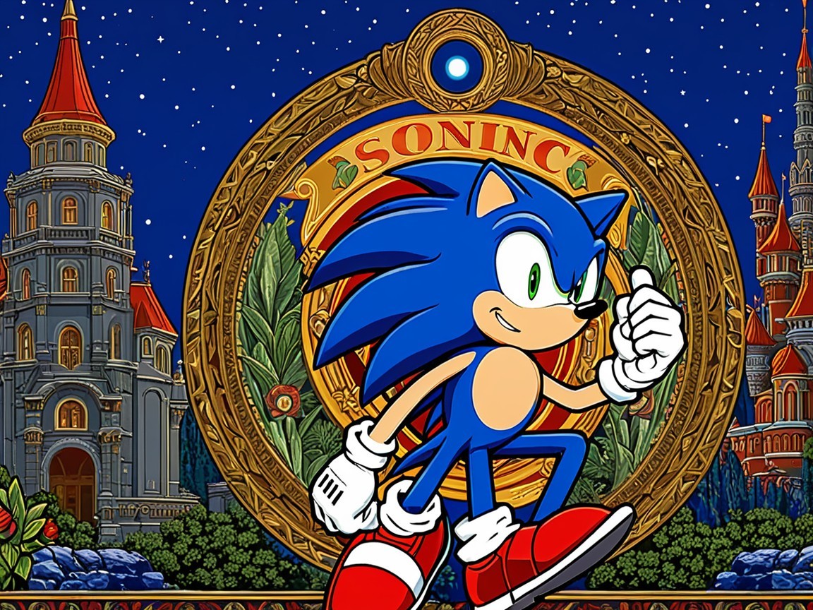 Sonic the Hedgehog in Heroic Pose with Emblem Background