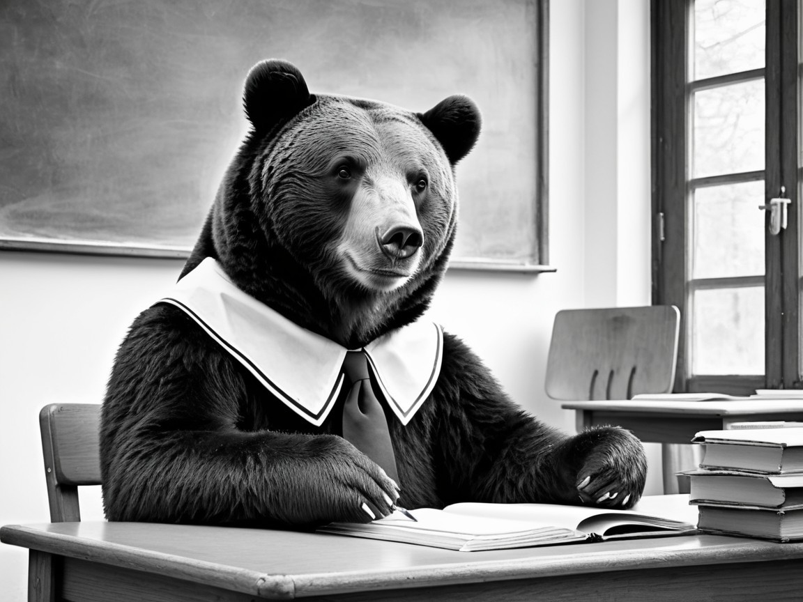 Brown Bear at School Desk with Open Books