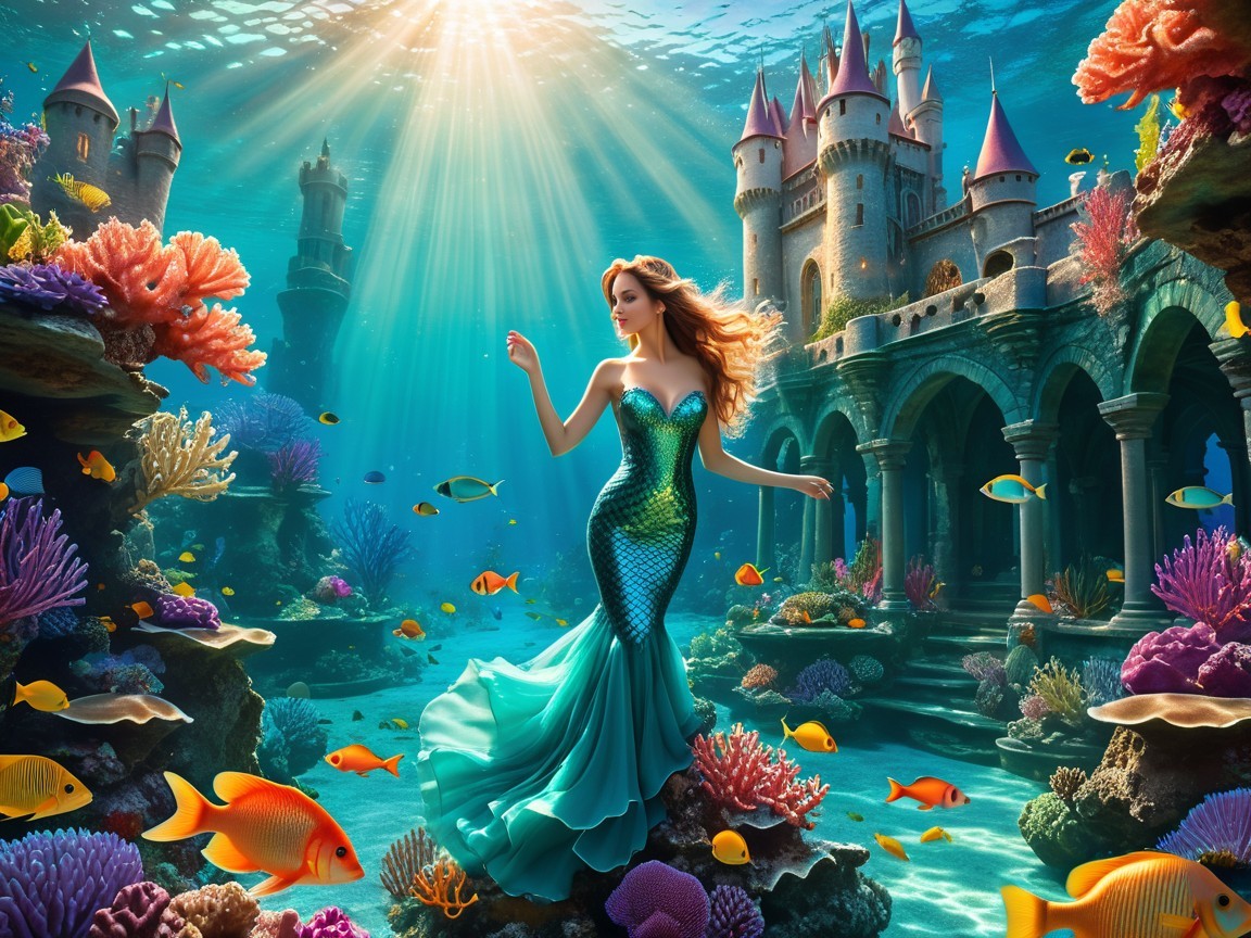 Mermaid in Vibrant Underwater Scene with Castle
