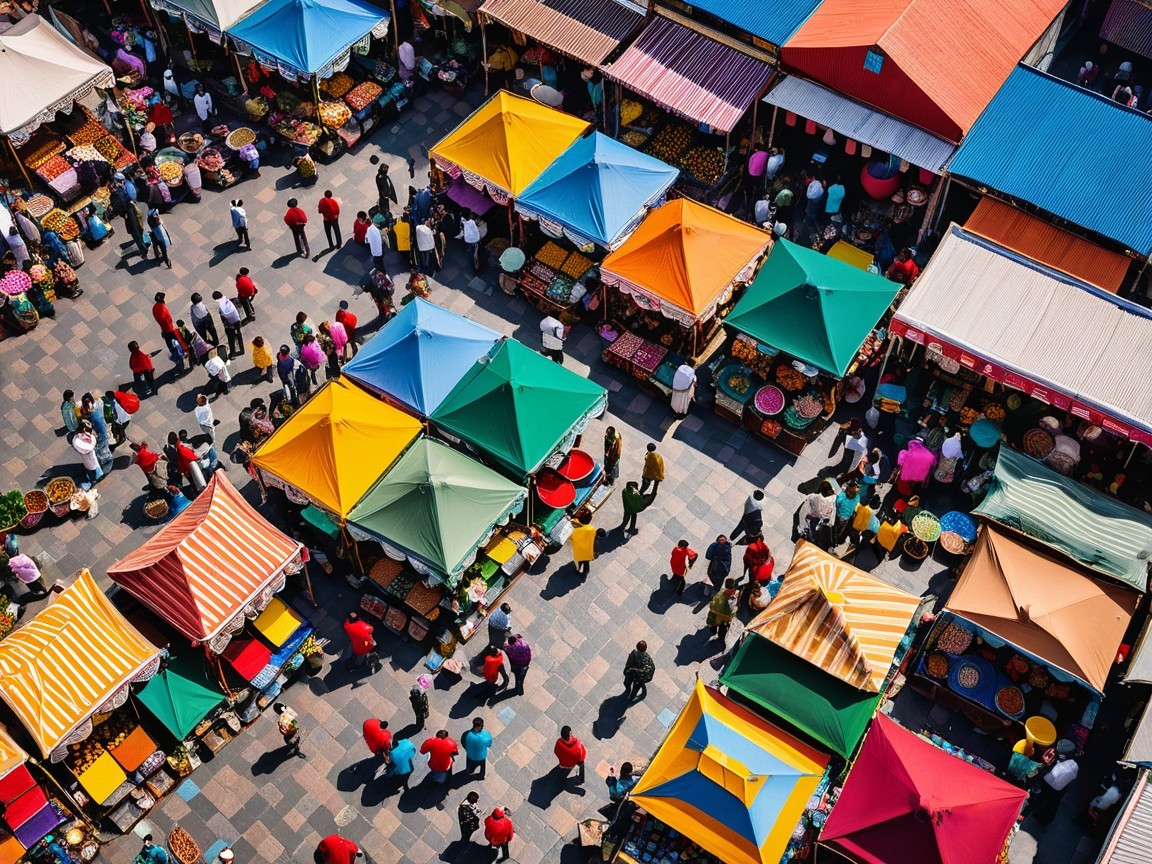 Vibrant Marketplace with Colorful Stalls and Activity