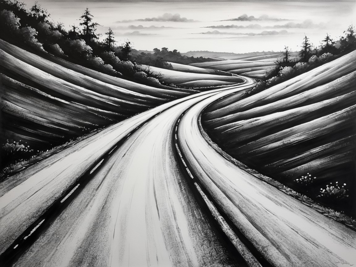 Winding Black and White Road Through Rolling Hills