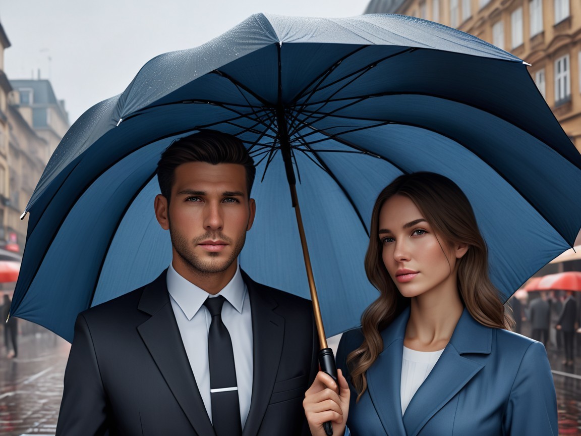 Couple Under Dark Blue Umbrella on Rainy Street