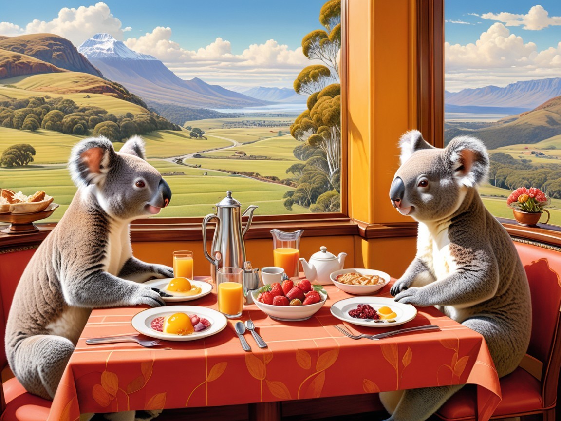 Koalas Enjoy Breakfast with Scenic Mountain View