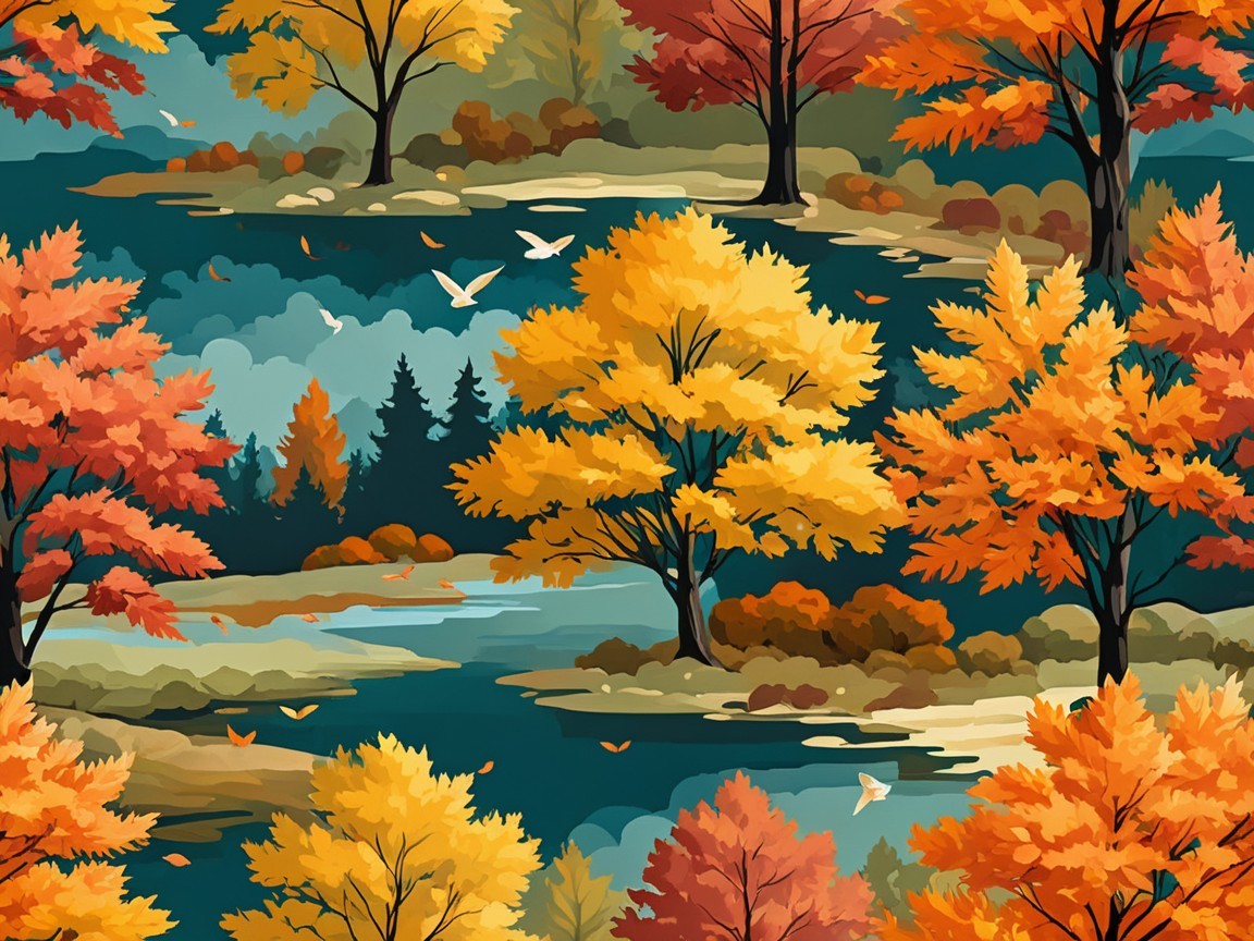 Autumn Landscape with Colorful Foliage and River