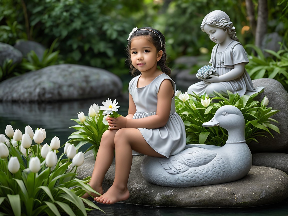 Young Girl in Silver Dress in Serene Garden Setting