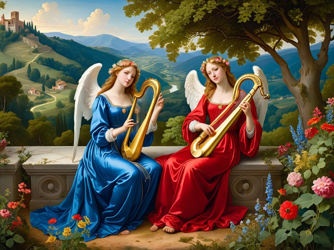 Serene angels playing lyres in a tranquil garden setting