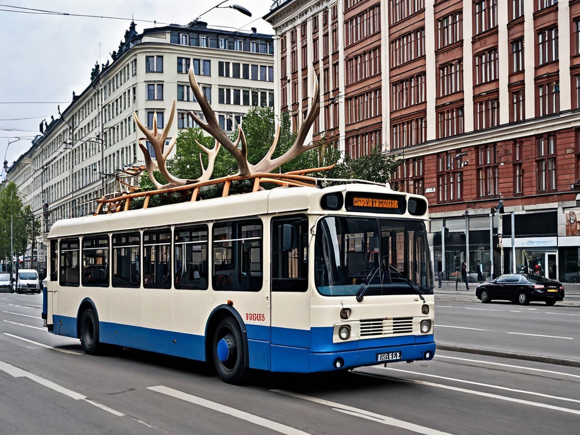 Unique City Bus with Antlers in Historic Setting