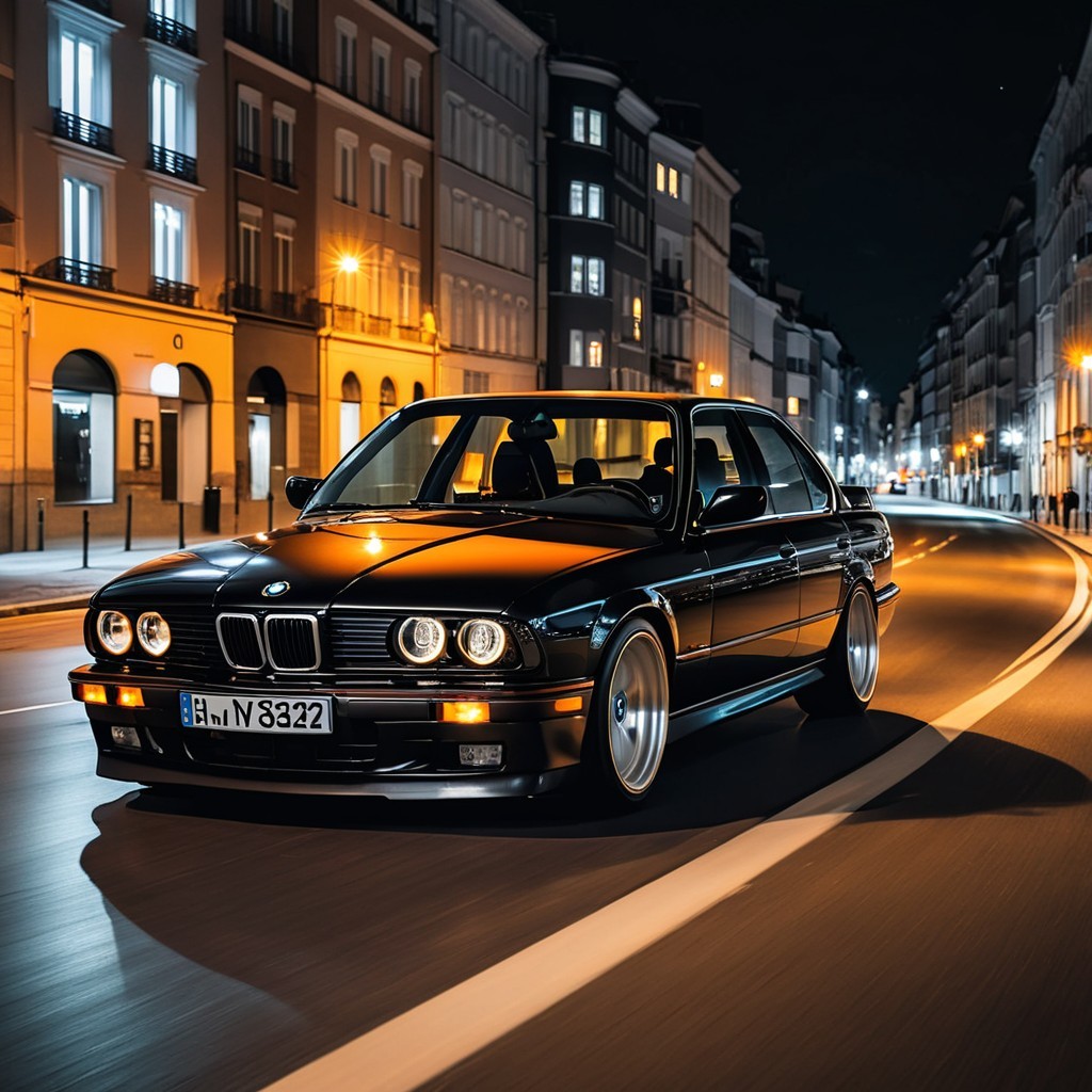 Sleek Black BMW Driving on Urban Night Street