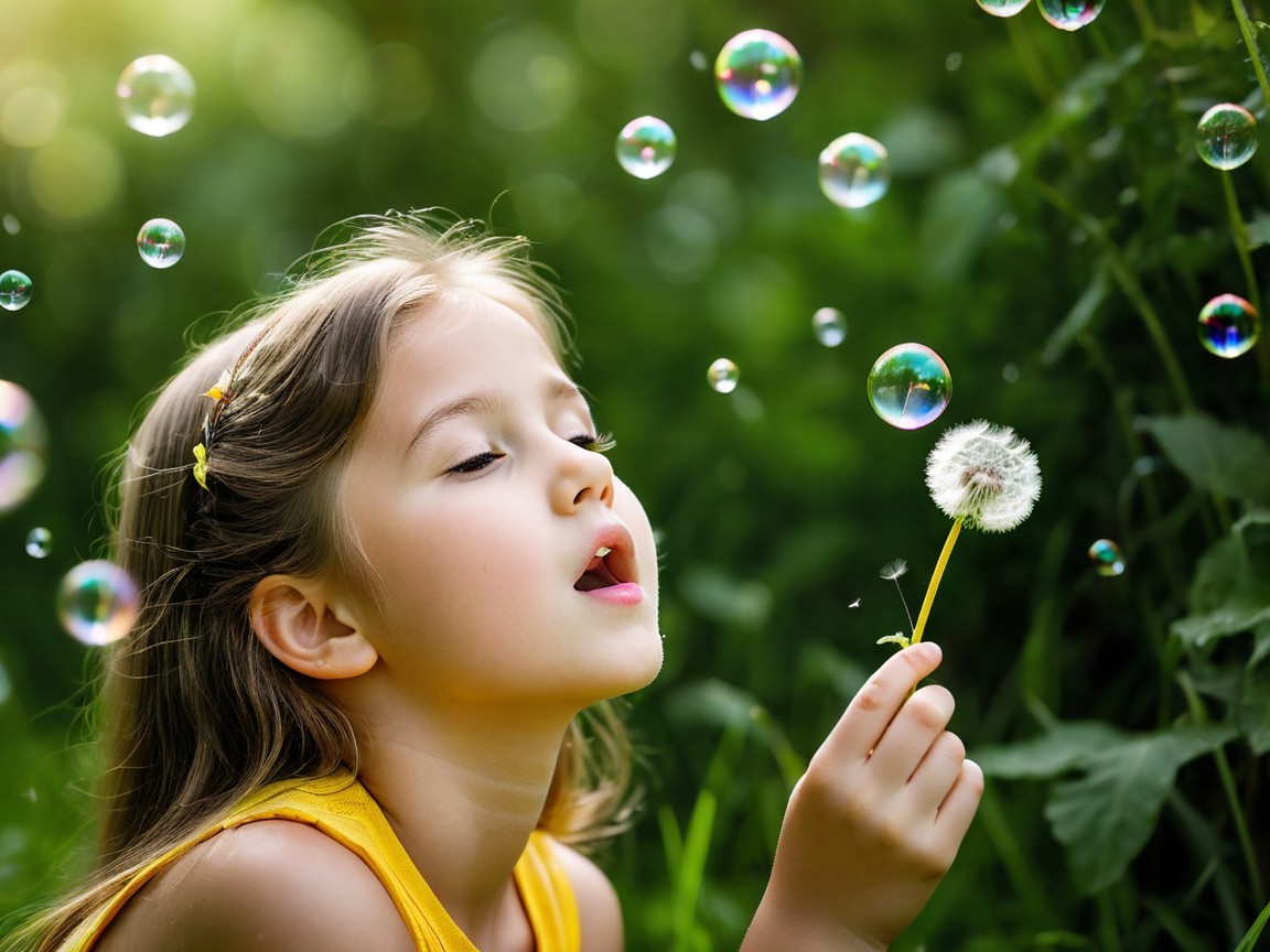 Young girl blowing dandelion seeds in a garden