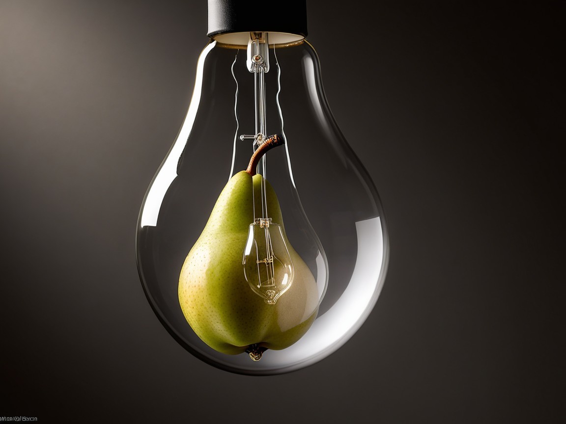 Green Pear in Clear Glass Light Bulb Against Dark Background