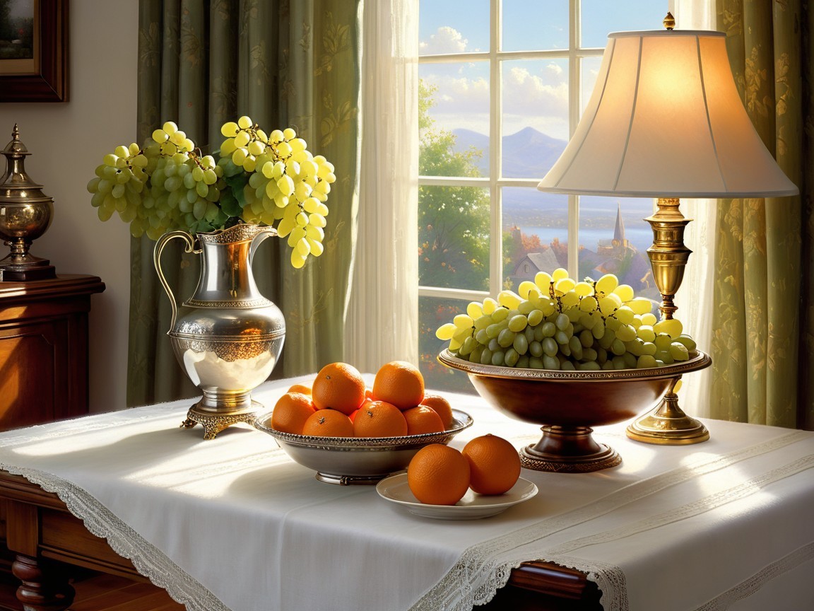Sunlit Dining Room with Fruit and Scenic View