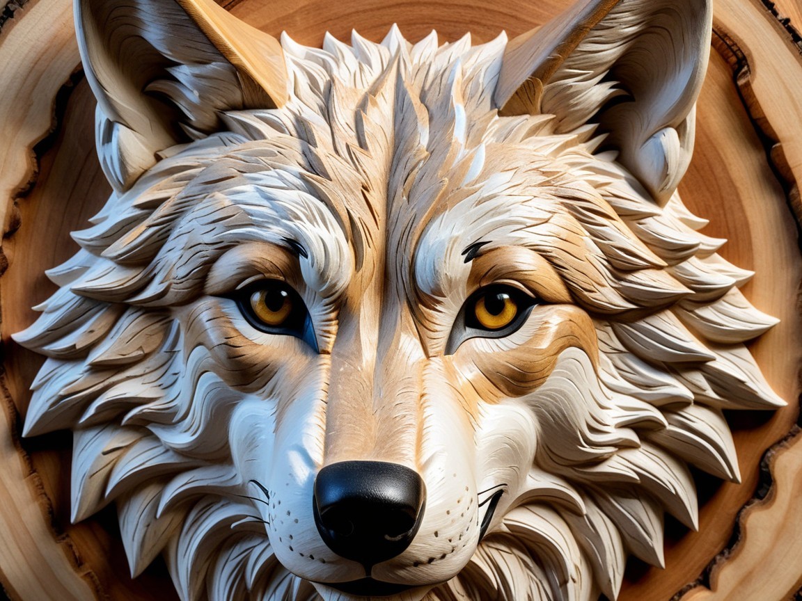 Wooden Sculpture of a Wolf's Head with Detailed Craftsmanship