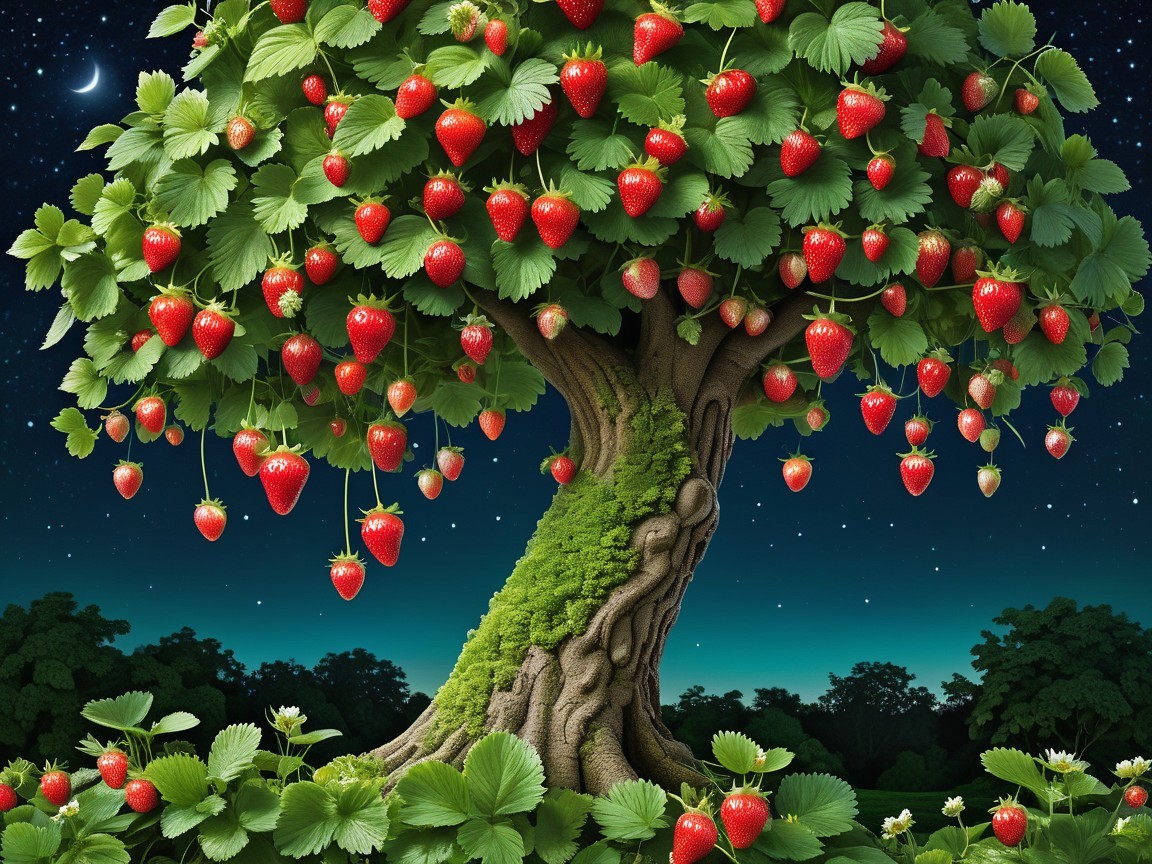 Whimsical tree with strawberries and twilight sky