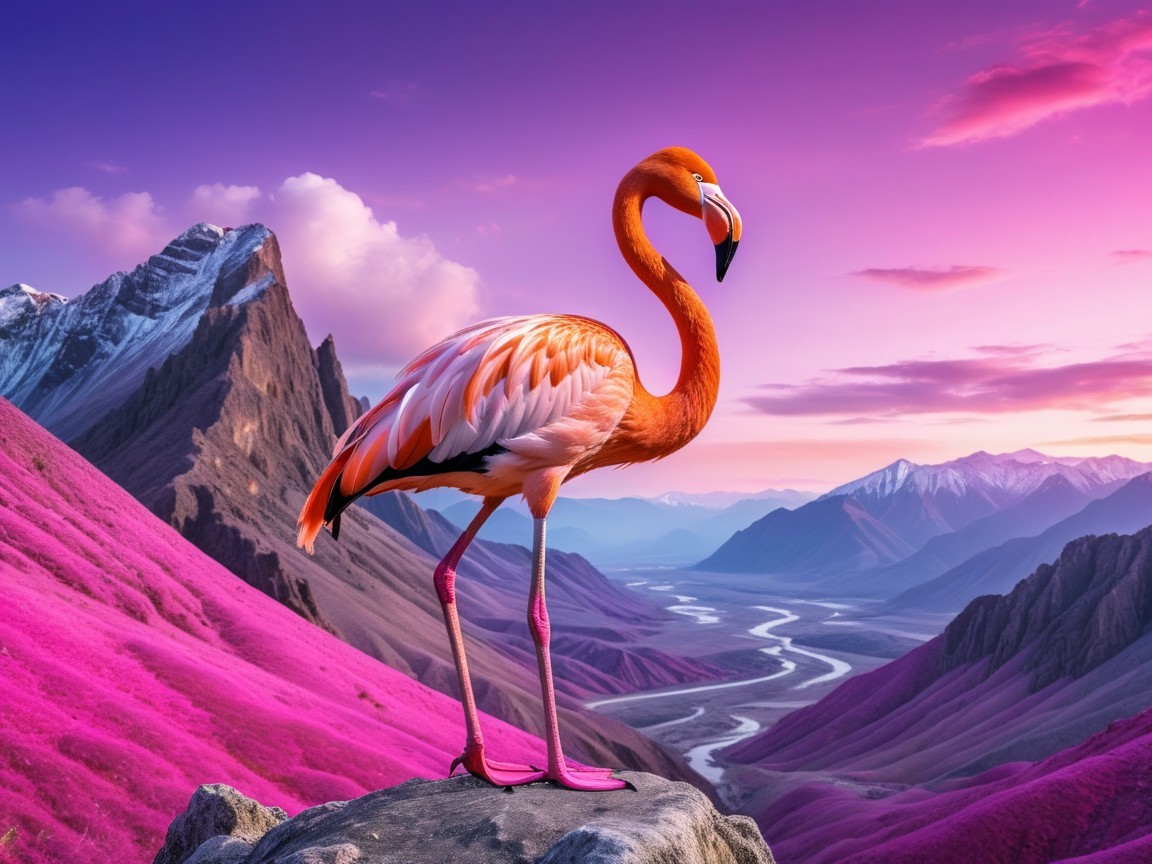 Flamingo on Rock Amidst Majestic Mountains and River