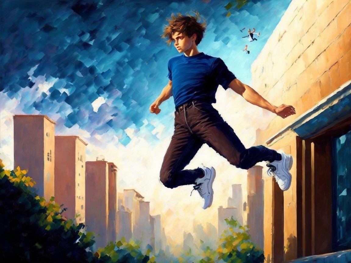 Dynamic Oil Painting of Young Man in Urban Setting