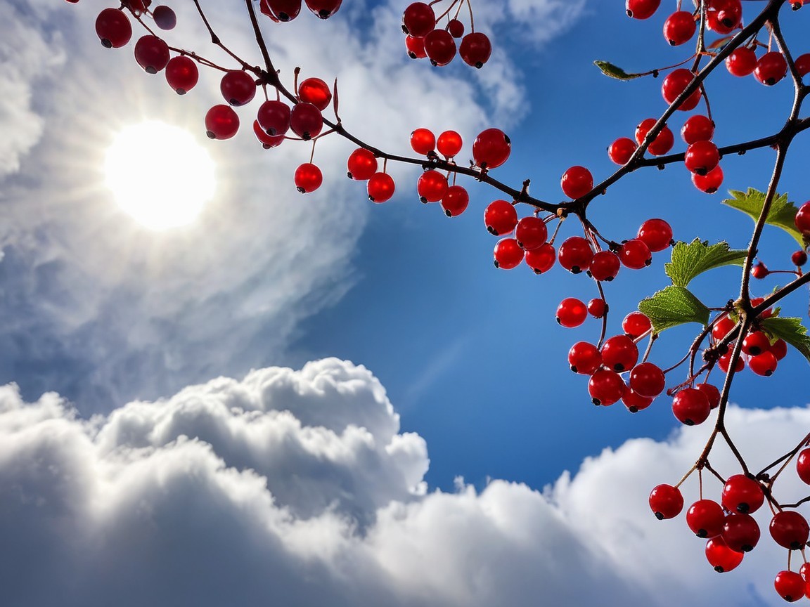 Vibrant Red Berries Against a Blue Sky and Clouds