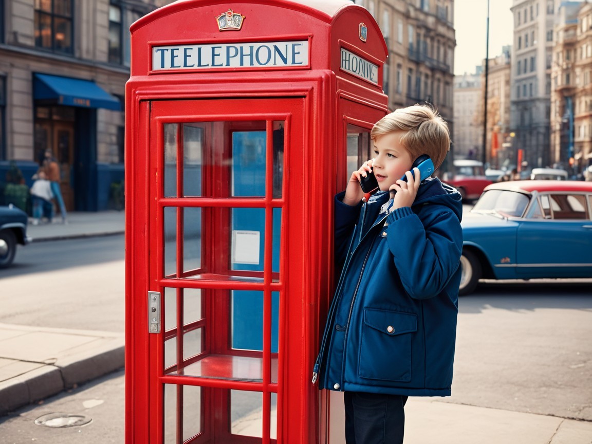 Young boy in red telephone booth with smartphones