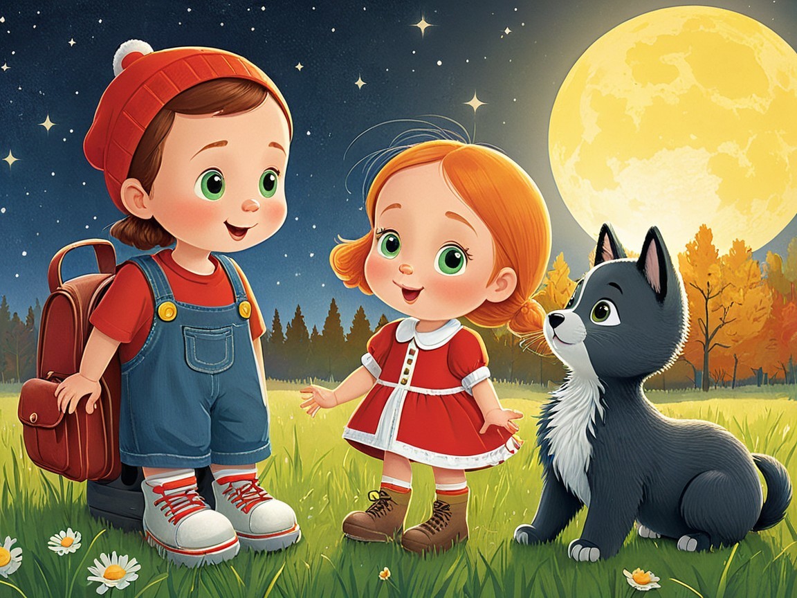 Children in Meadow Under Starry Night Sky