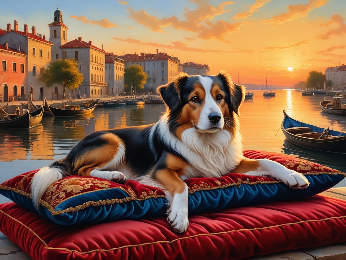 Dog on Cushion Overlooking Venetian Sunset Scene