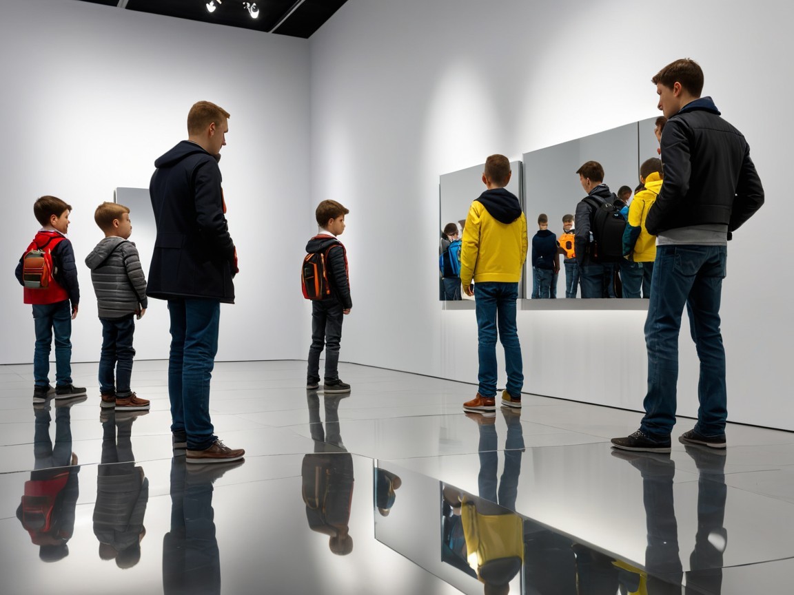 Children Exploring Reflections in Art Gallery Mirrors