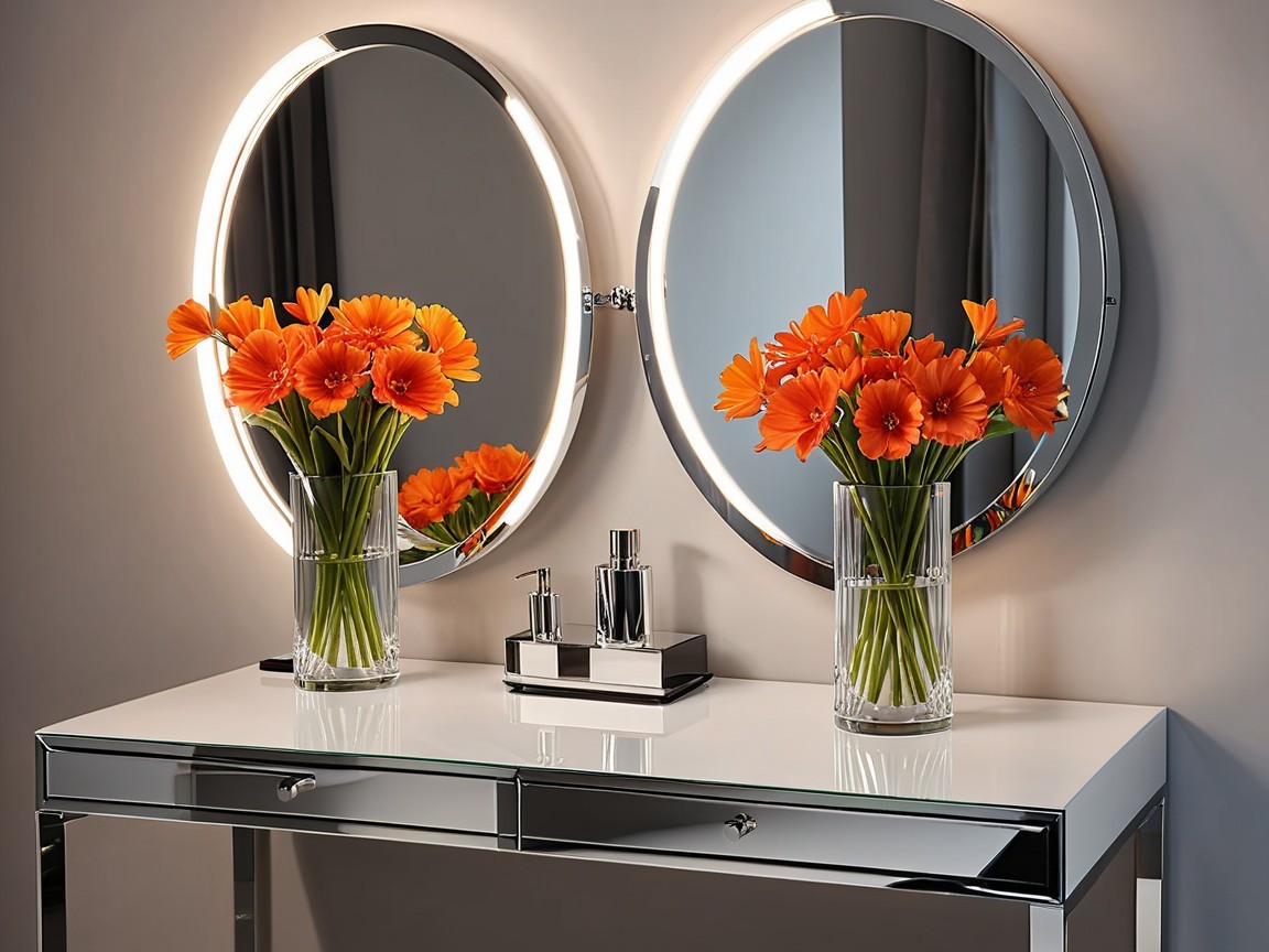 Stylish Vanity Table with Glossy White Surface and Mirrors