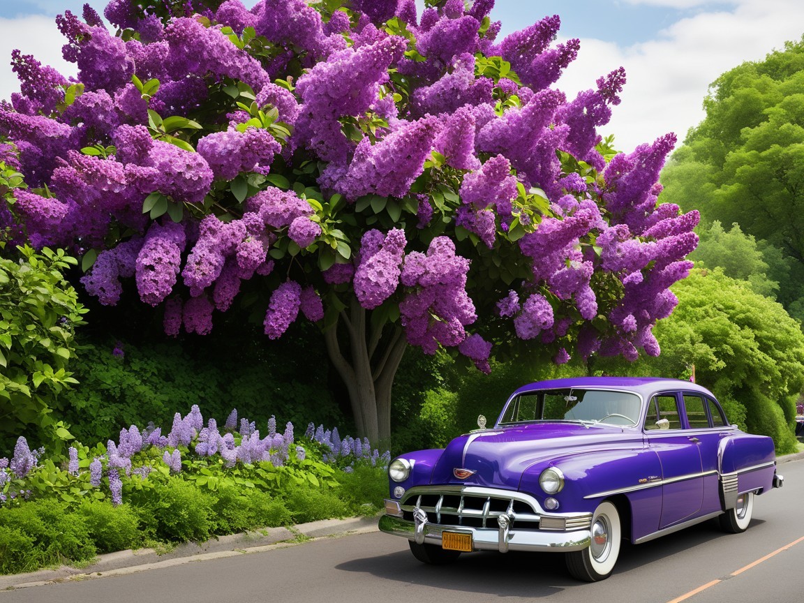 Purple Car on Scenic Road with Lilac Blossoms