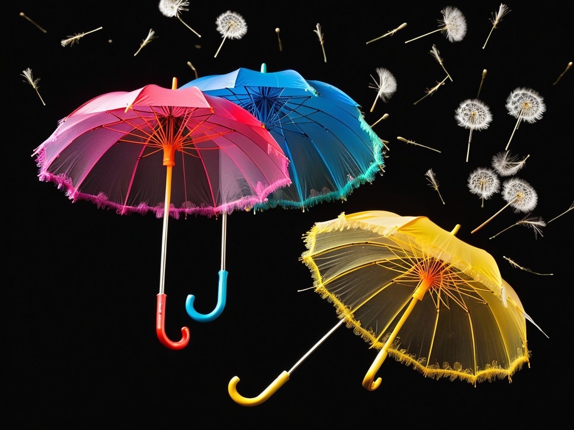 Colorful Umbrellas with Dandelion Seeds on Dark Background
