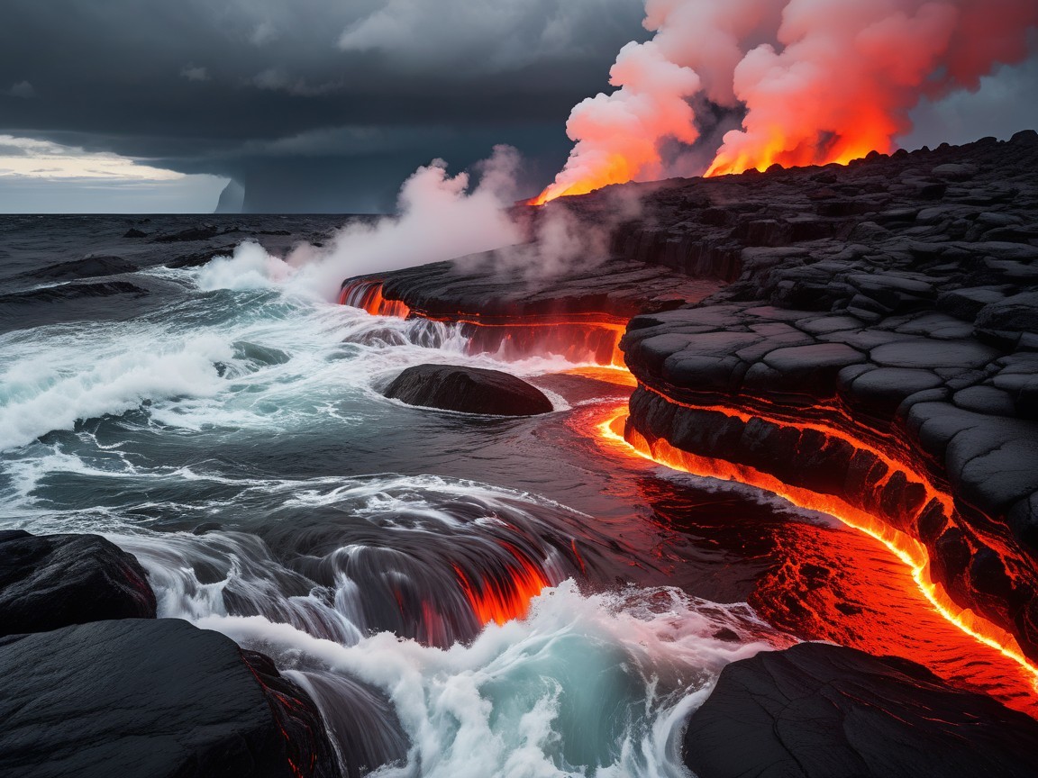 Volcanic Eruption by the Ocean with Lava and Waves