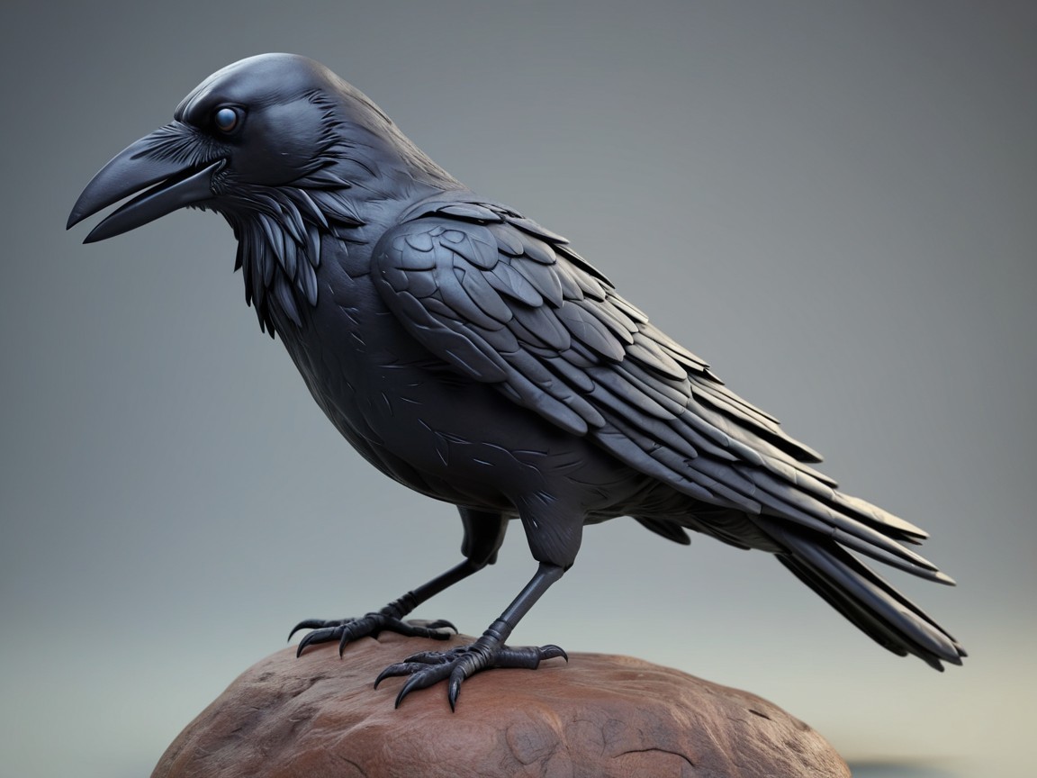 Detailed Black Raven Sculpture on Textured Stone Base