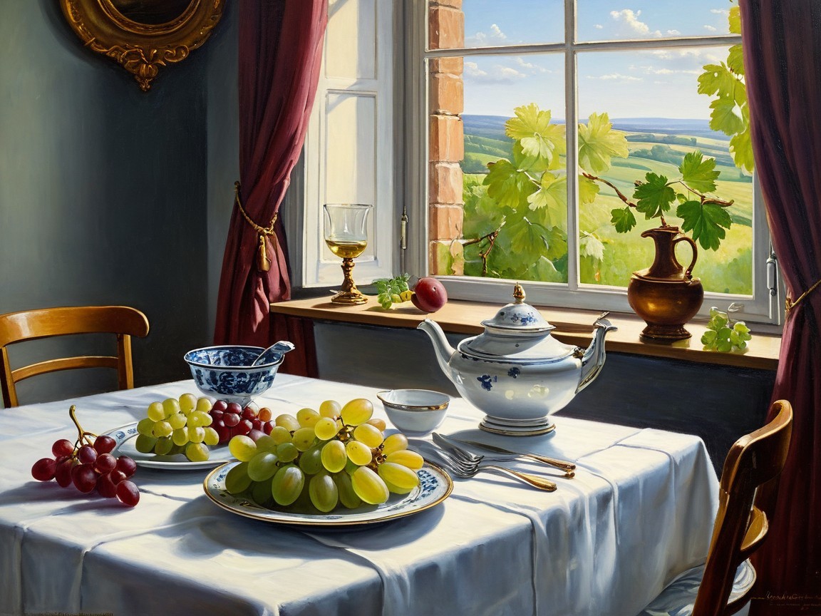 Still-Life Scene with Grapes and Sunlit View