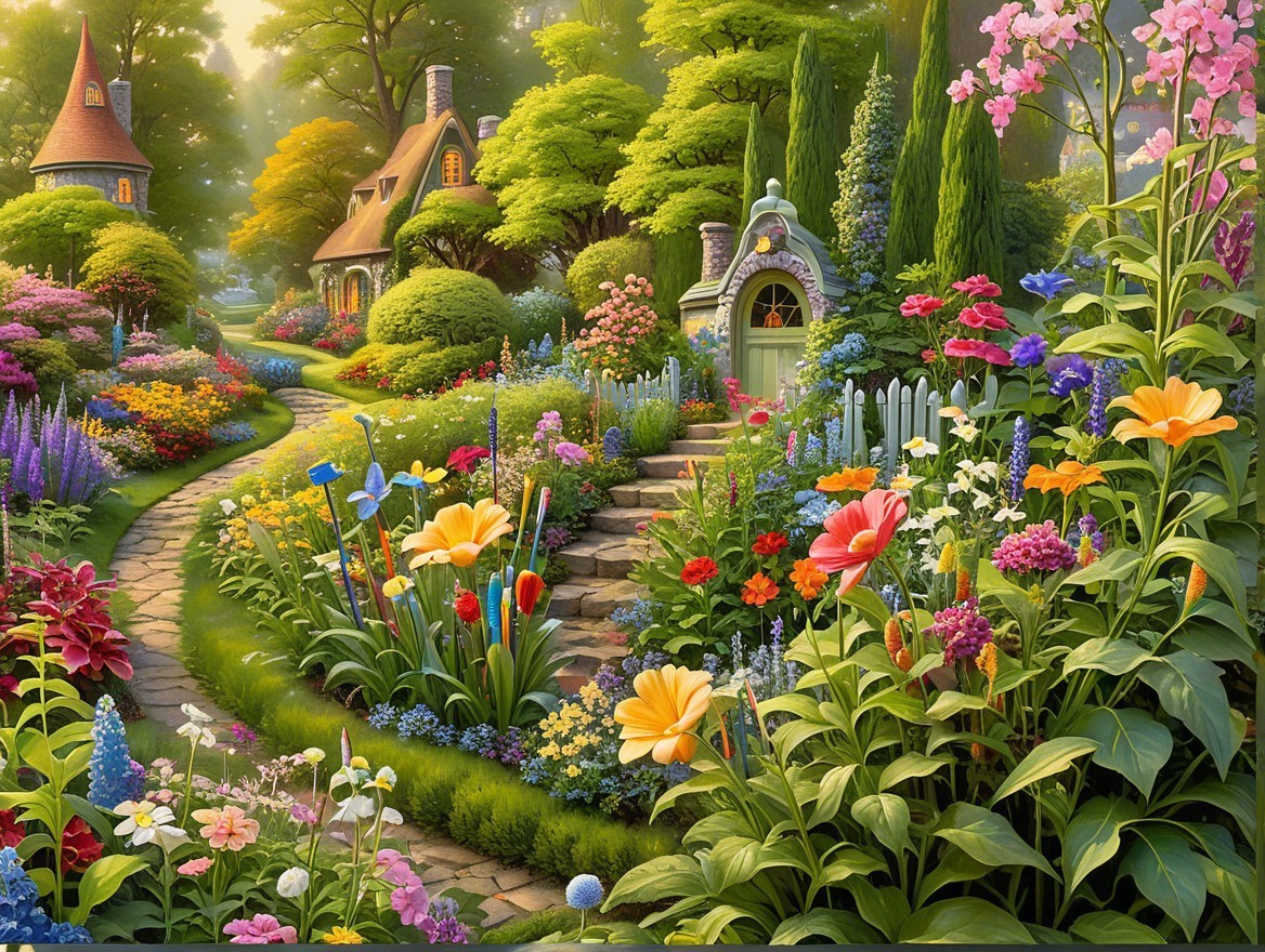 Vibrant Garden Scene with Colorful Flowers and Cottages