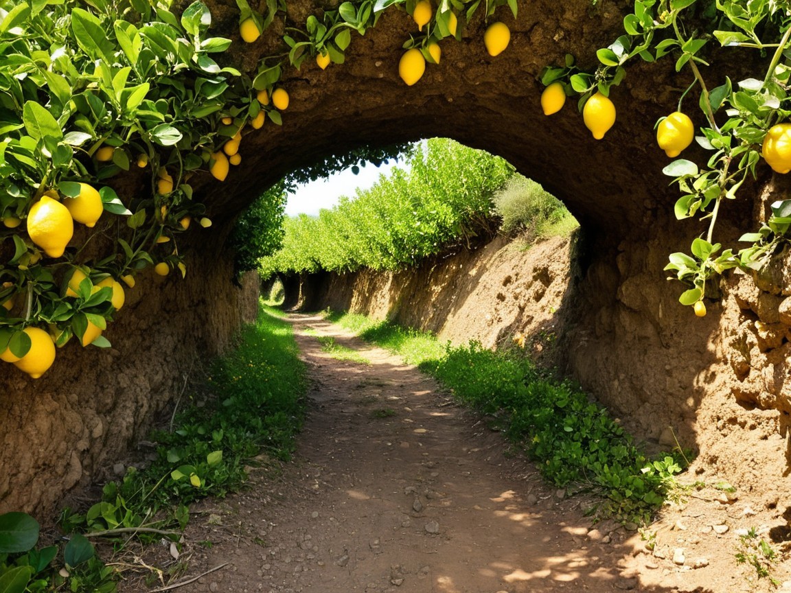 Sunlit Pathway Through Lush Lemon Groves
