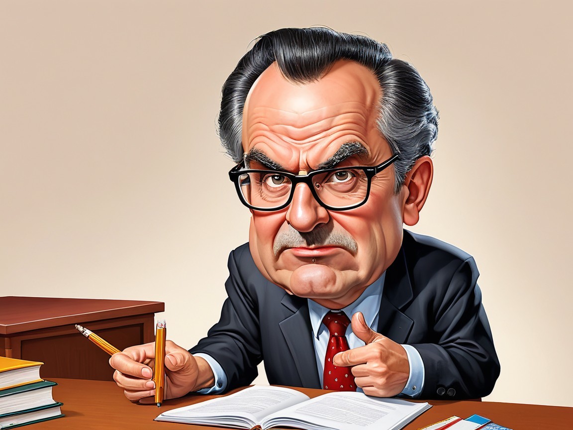 Stern Man in Suit Discusses Open Book at Desk