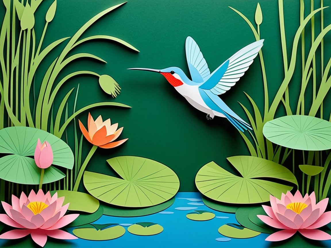 Vibrant Paper Art of Pond with Hummingbird and Lilies