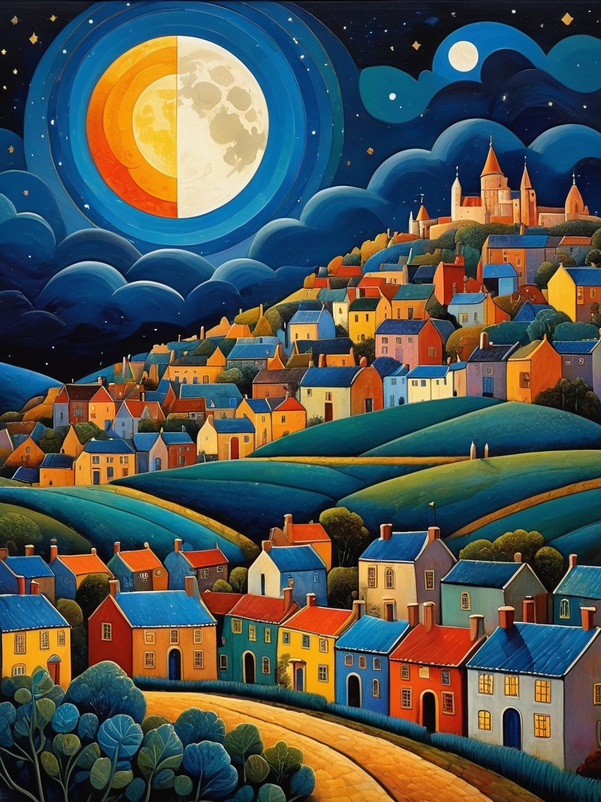Fantastical village under a night sky with moons and stars