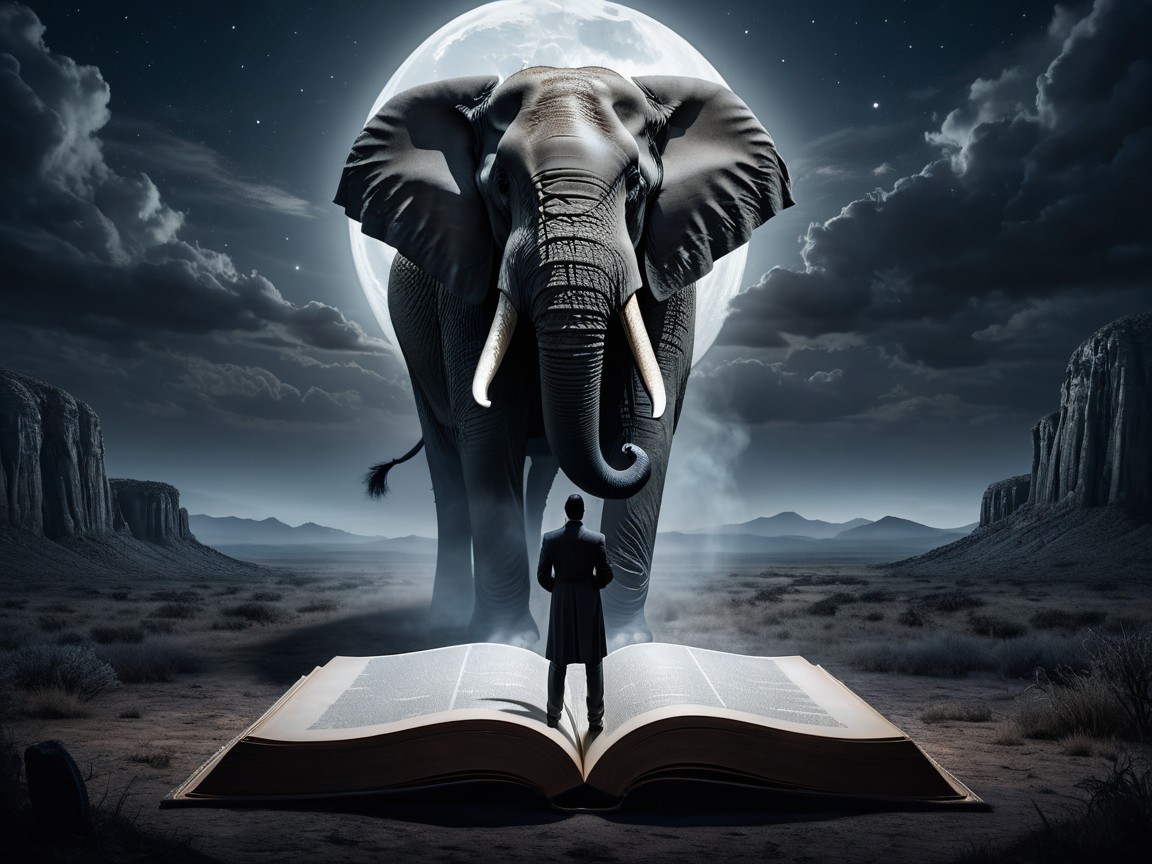 Elephant Under Moonlight with Open Book and Mountains