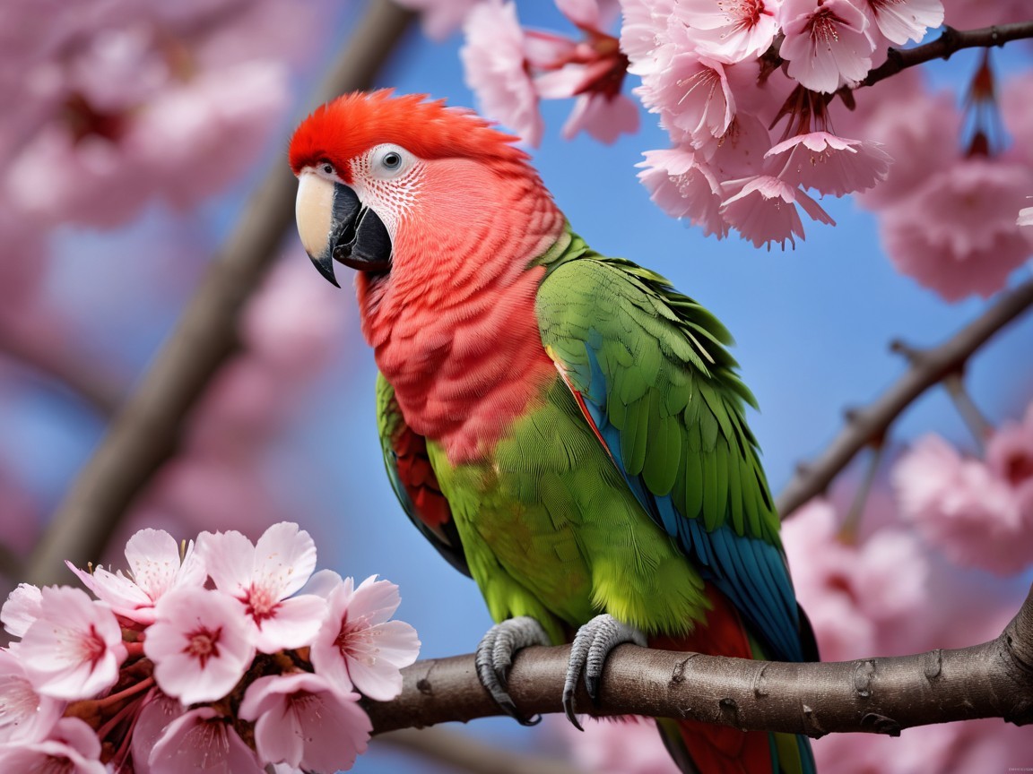 Vibrant Parrot Amid Cherry Blossoms and Blue Sky