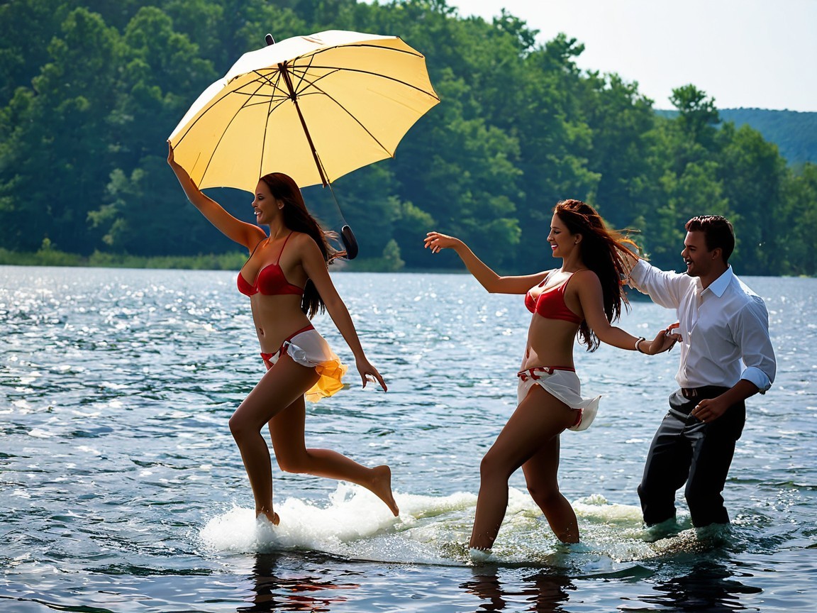 Women in Bikinis Enjoying a Lake on a Sunny Day