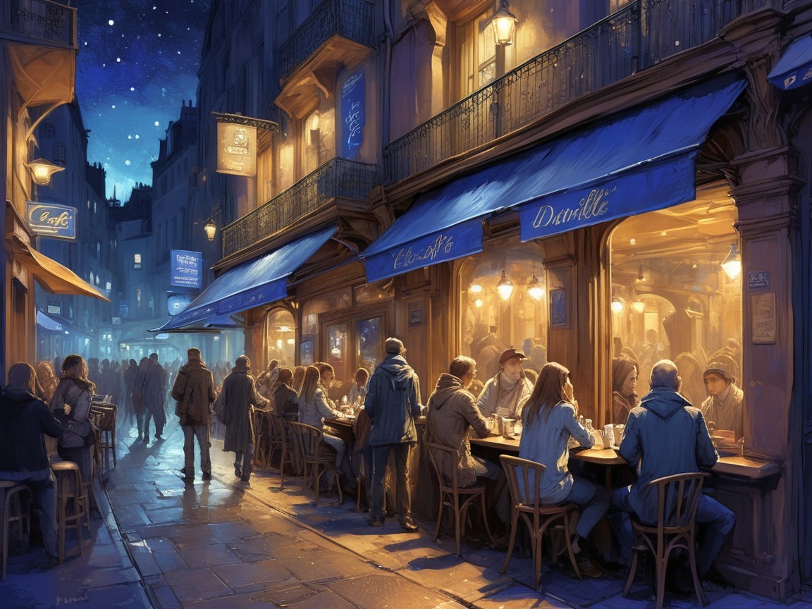 Charming Nighttime Street Scene with Cafés and Lights