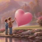 Children with Heart-Shaped Balloon at Sunset Lake