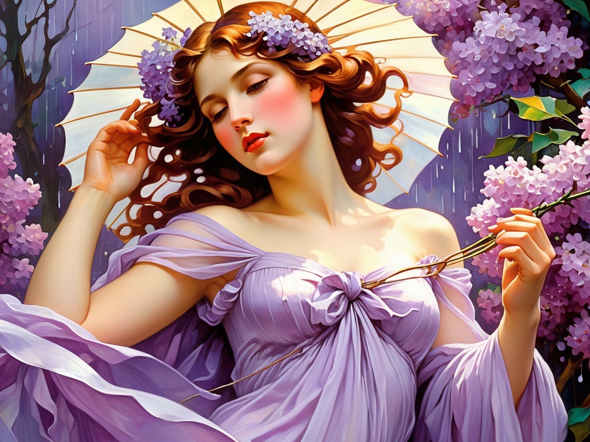 Graceful Woman in Lavender Gown Under Parasol
