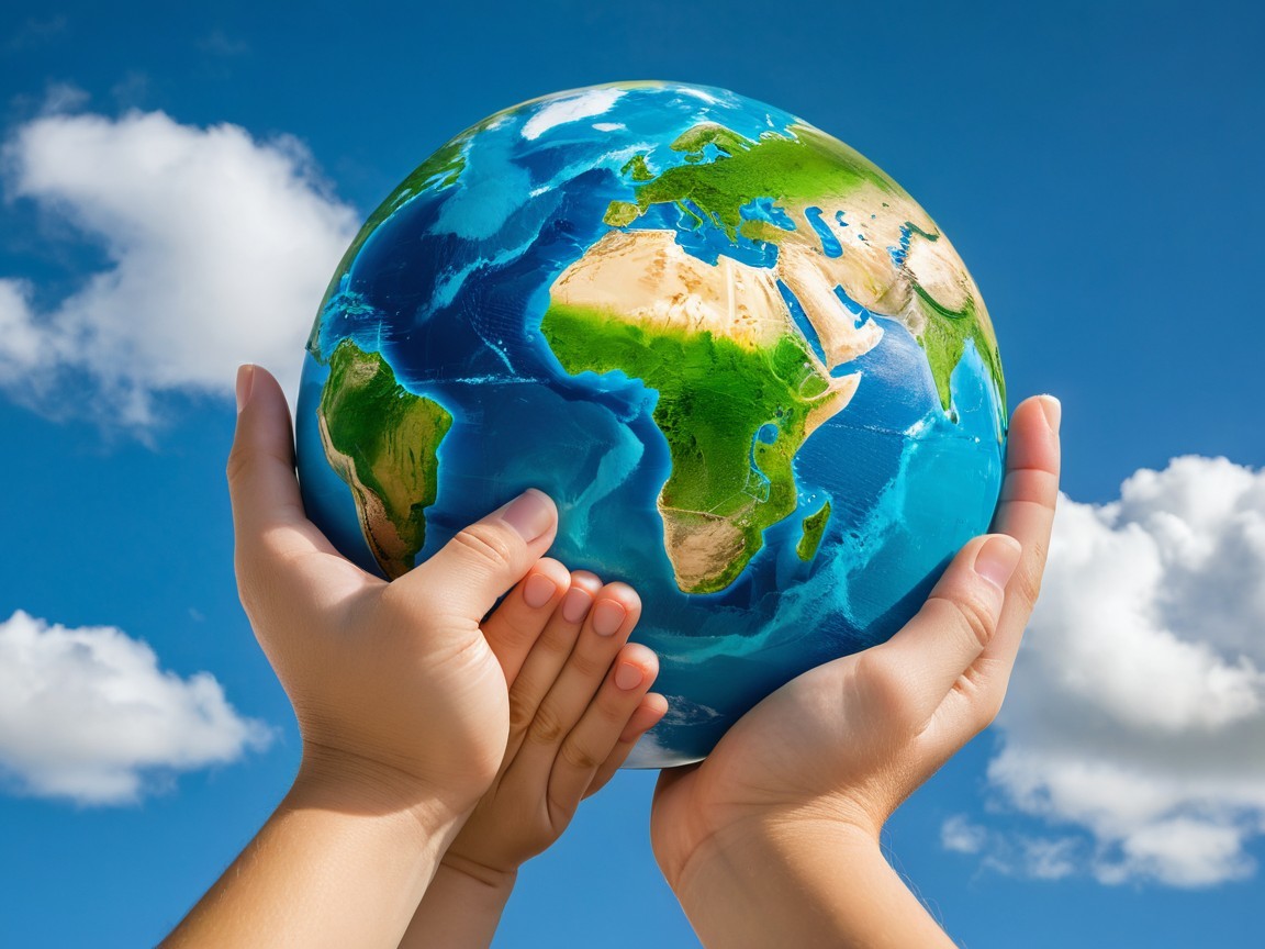 Hands Holding a Vibrant Globe Under Blue Sky