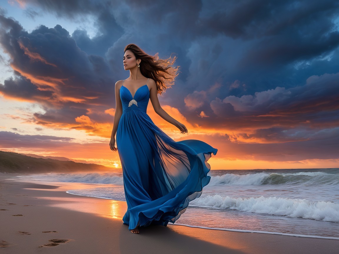 Woman in Blue Dress on Serene Beach at Sunset